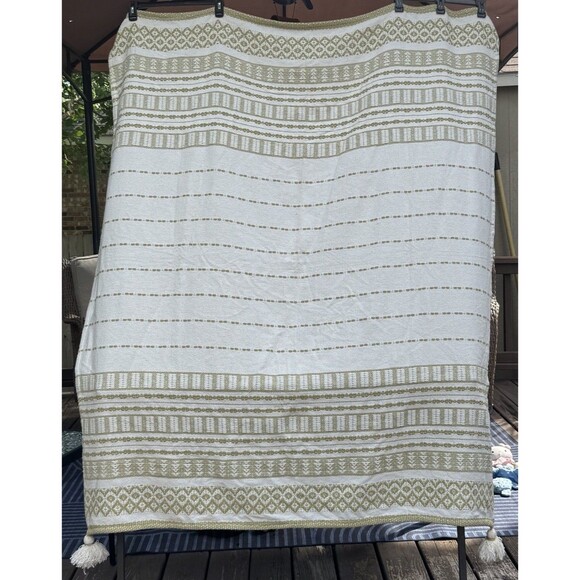 Magaschoni Home Throw Blanket 50" x 60" Fringed Cotton Sage Milk - Picture 2 of 6